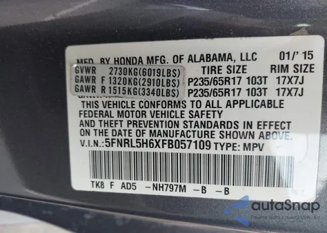 2015 Honda Odyssey Ex-L из США, поврежденный, VIN 5FNRL5H6XFB057109